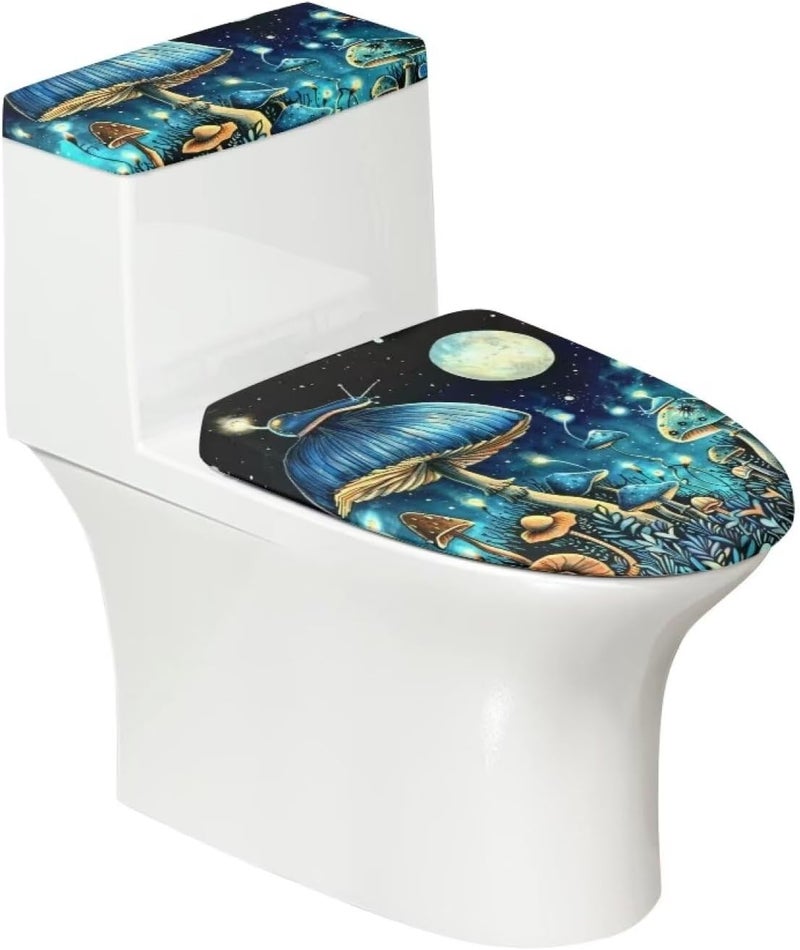Flashideas Blue Mushroom Toilet Lid & Tank Cover Set - 2 Pcs Stretch Toilet Covers Fits Most Tanks & Lids - Image 2